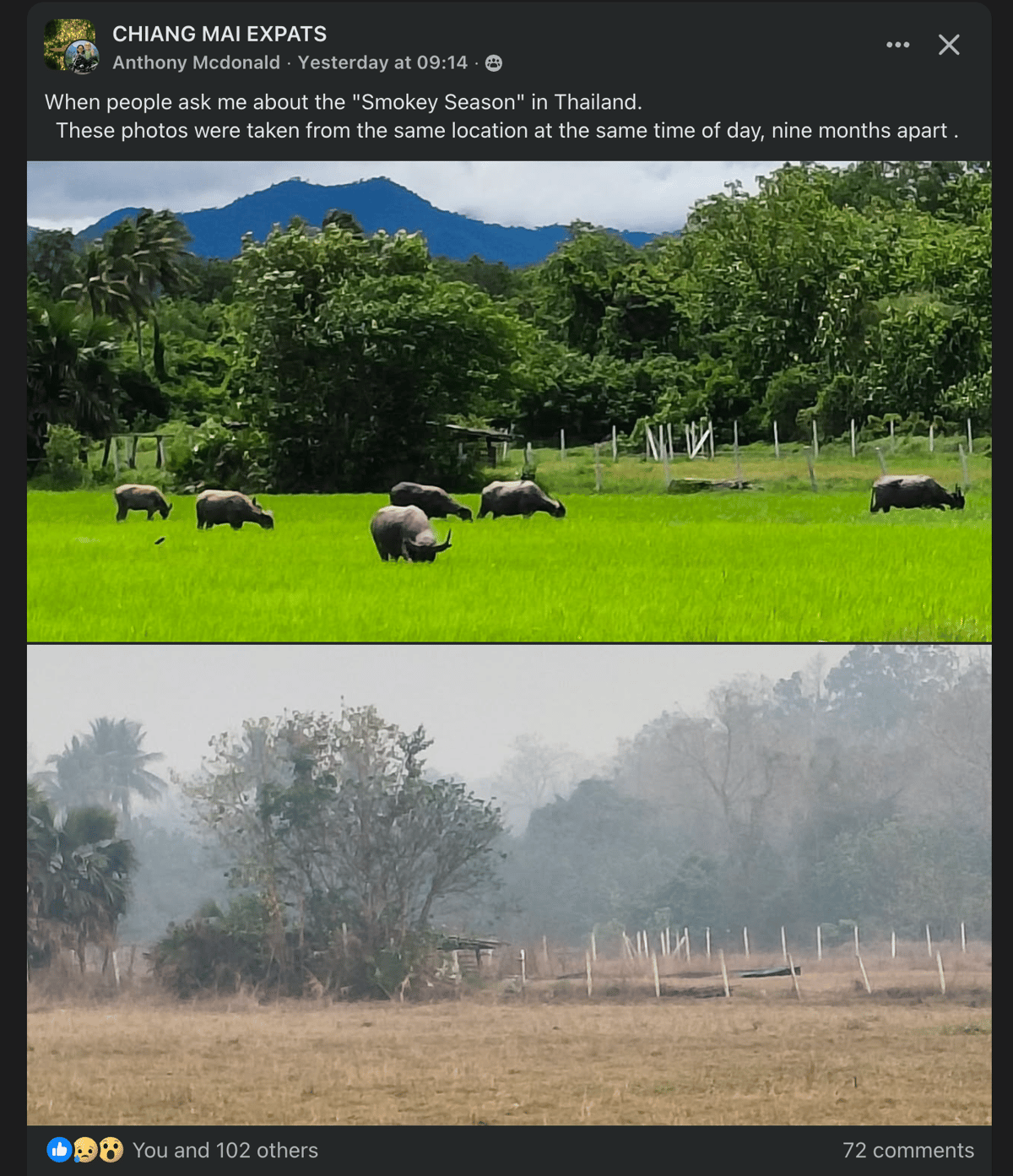 Before and after comparison of the same location in Chiang Mai - clear skies with green fields versus heavy smoke haze during burning season