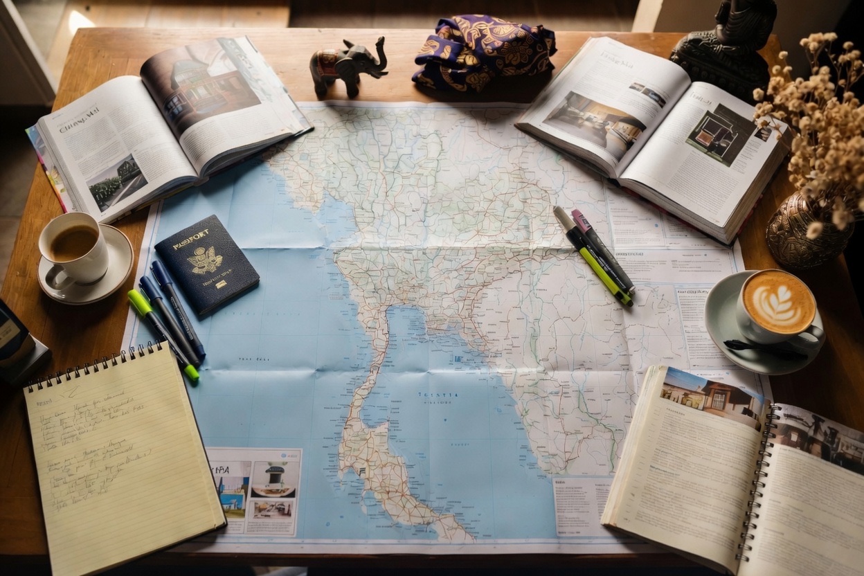 A Thailand map, passport and coffee on a planning desk