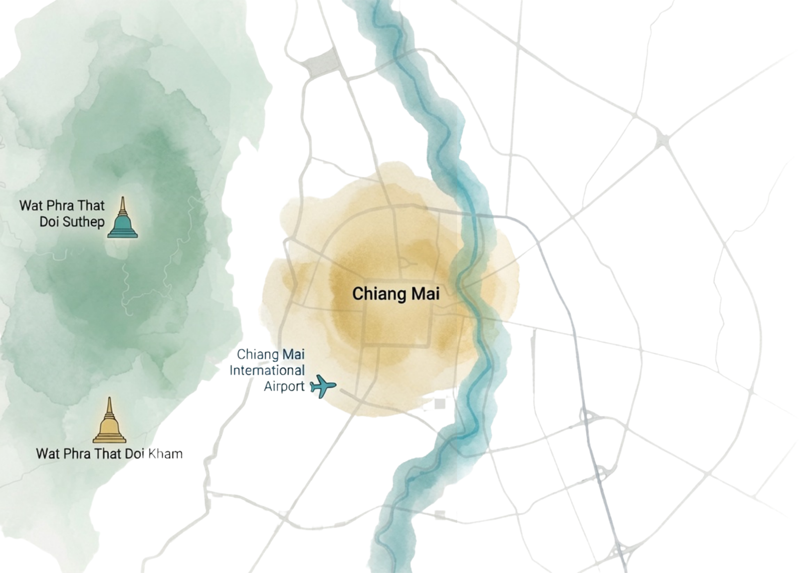 A watercolor map of Chiang Mai — the old city, the Ping river, Doi Suthep, and the airport