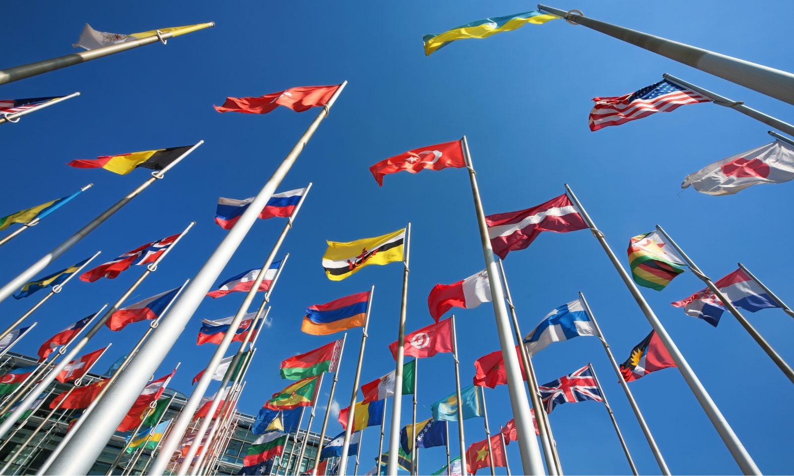 International flags of many nations against a blue sky